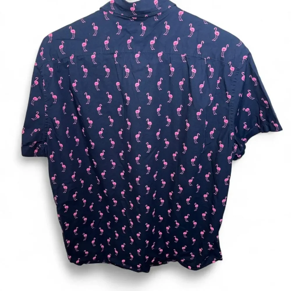 J.Crew Men’s Black Short Sleeve Button-Down Shirt Pink Flamingo Print Slim Fit